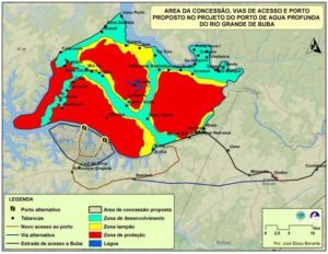 Imagem do mapa que ilustra area da concessão, vias de acesso e porto proposto no Projecto do Porto de Água Profunda do Rio Grande de Buba