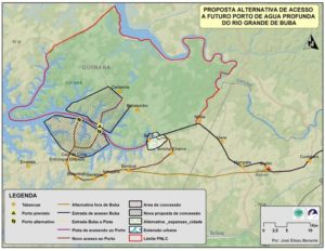 Mapa da proposta alternativa de acesso a futuro Porto de Água Profunda do Rio Grande de Buba (Espaço circulada a branco)